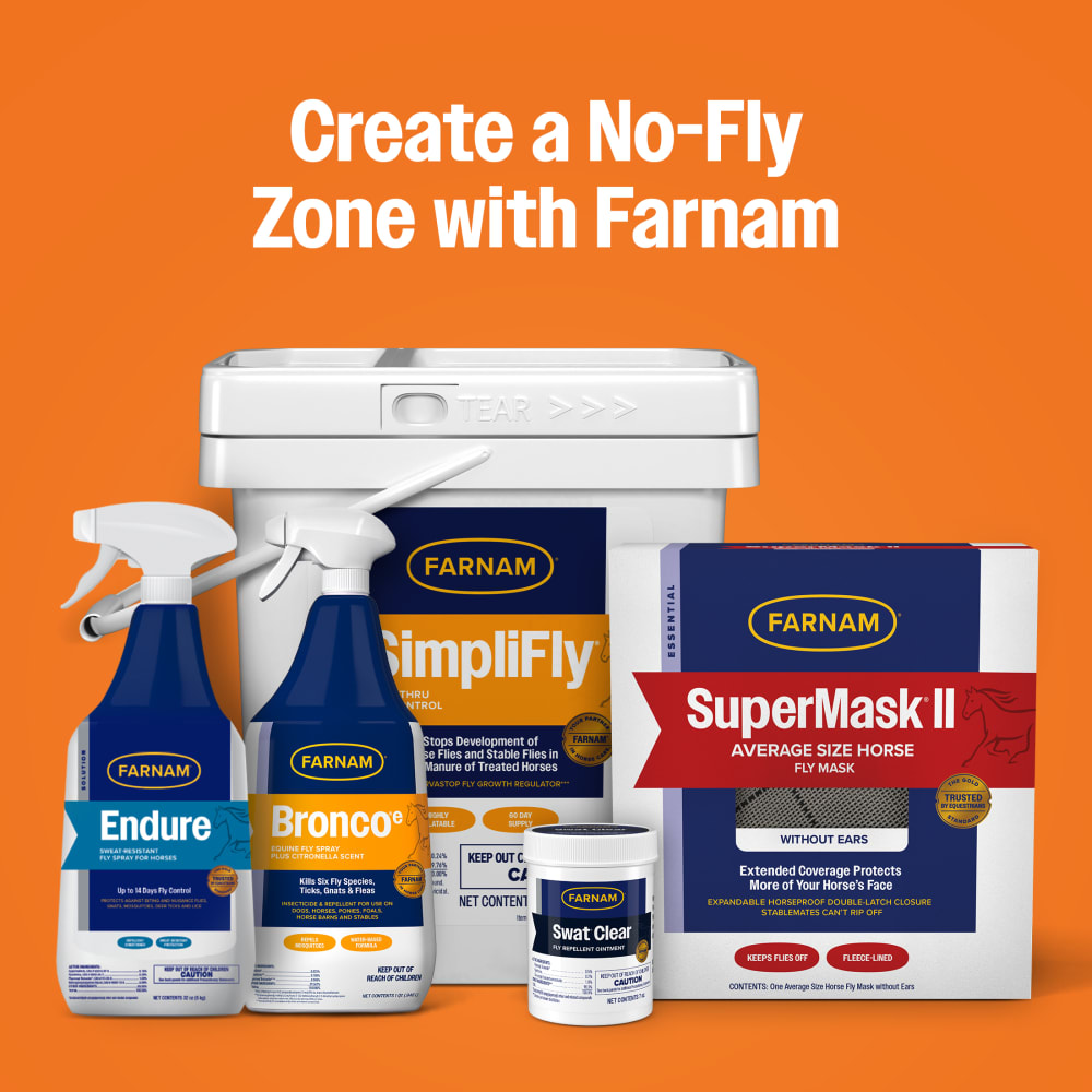 Farnam fly control product lineup including Bronco e and SuperMask II