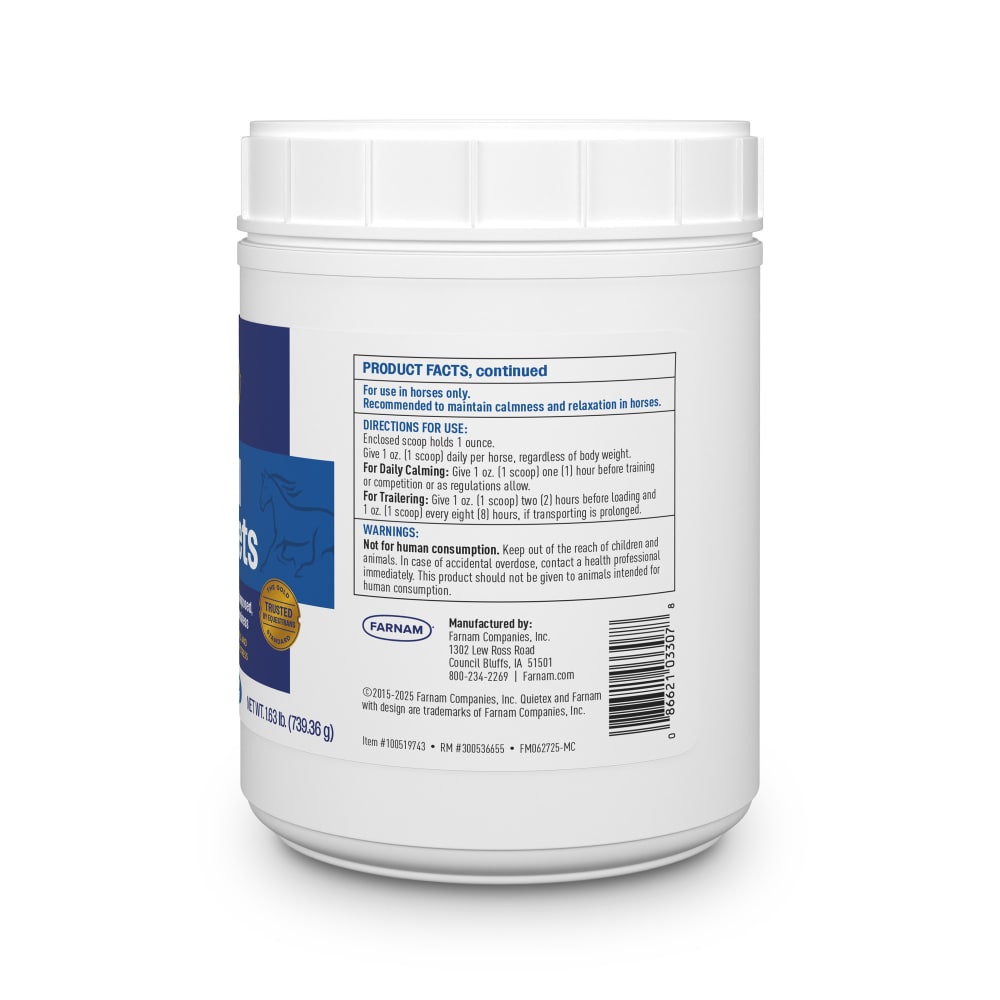 Back of retail package for Farnam Quietex II Pellets