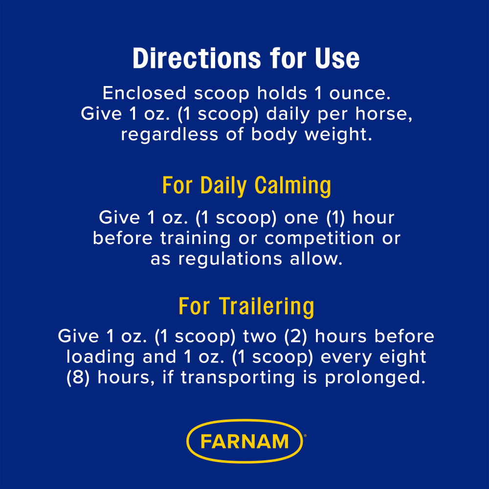 Daily calming: Give 1 oz 1 hour before training; Trailing: Give 1 oz 2 hours before loading