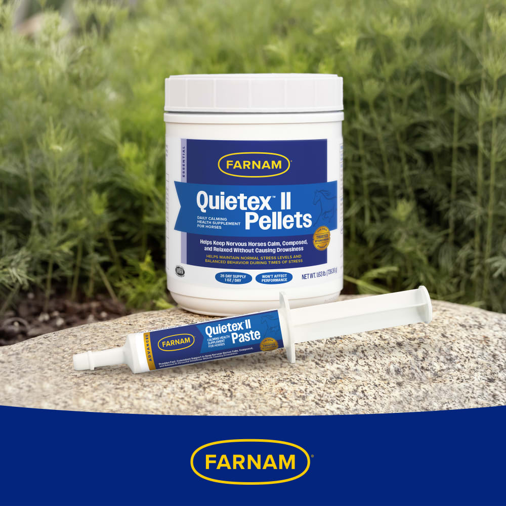 Close up shot of Quietex II Paste & Pellets with Farnam logo