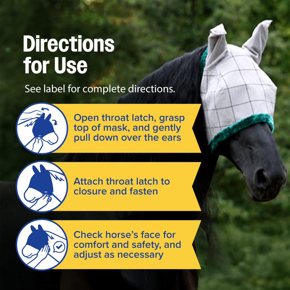 Three-step directions for fitting SuperMask II with ears on a black horse