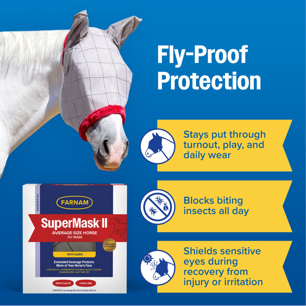 White horse wearing SuperMask II with ears and fly-proof protection callouts