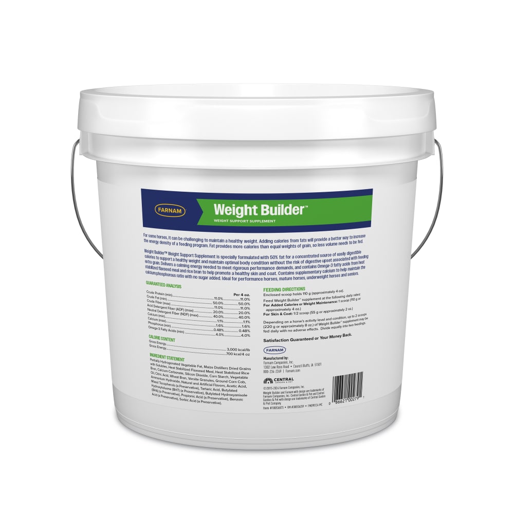 Back of retail package for weight builder equine weight supplement