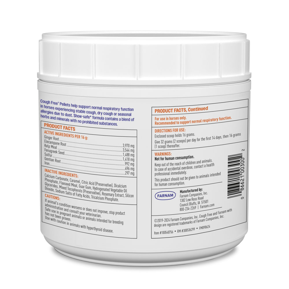 Back of retail package for farnam cough free pellets
