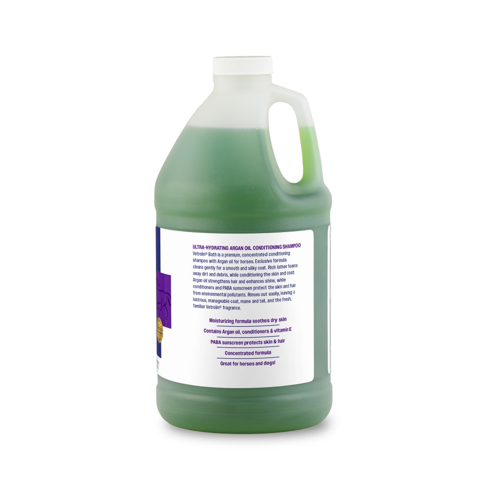 Back of retail package for farnam vetrolin bath ultra hydrating conditioning shampoo.