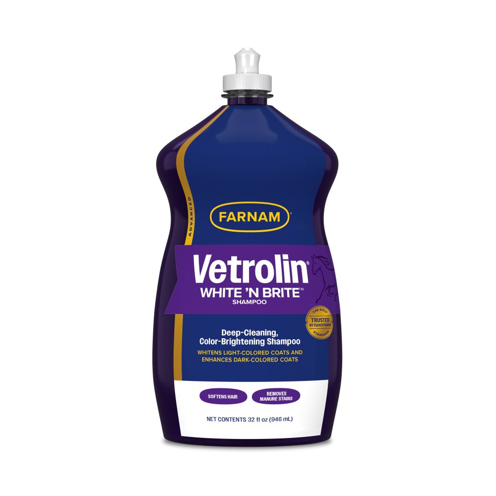 Retail packaging for farnam vetrolin white 'n brite shampoo, for horses and dogs