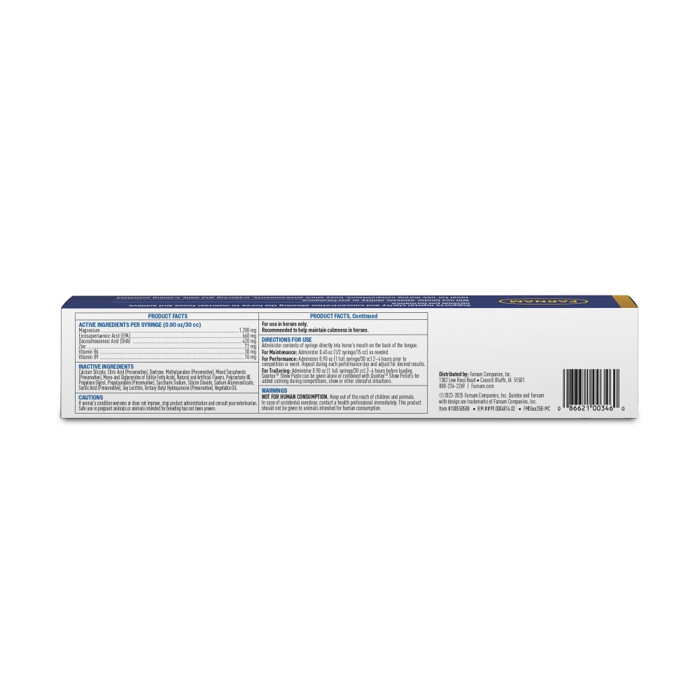 Back of retail package for Farnam Quietex Show paste