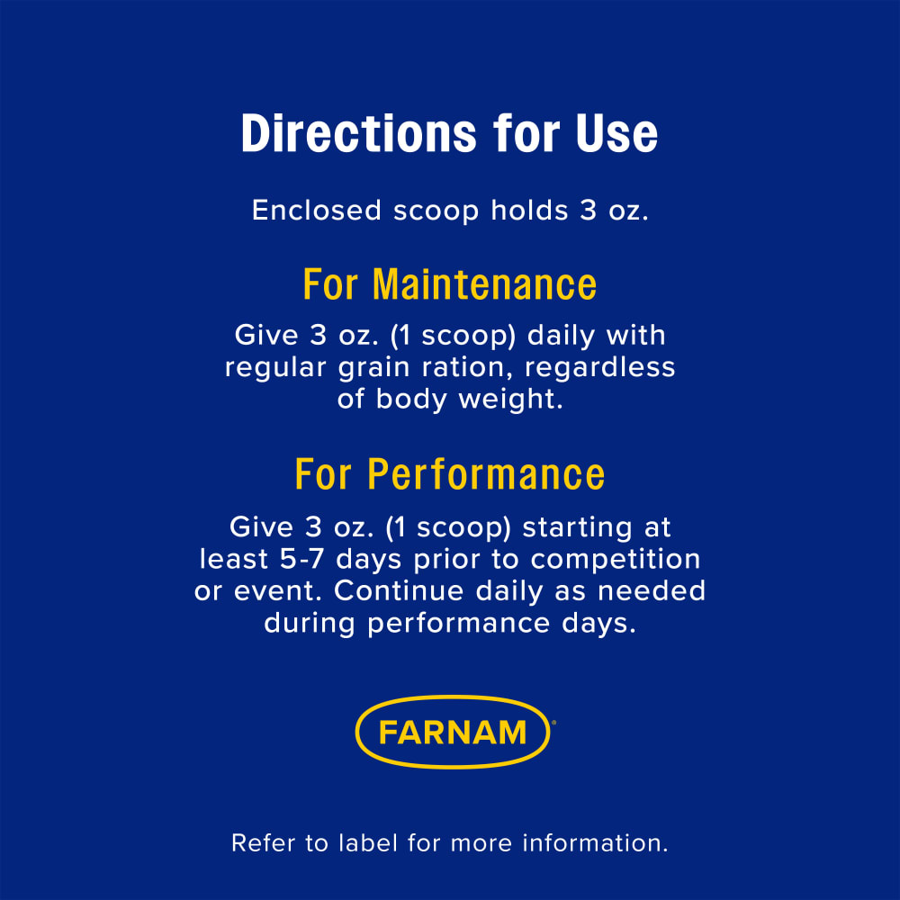 Maintenance-1 scoop daily with grain ration; Performance-1 scoop at least 5-7 days prior to event