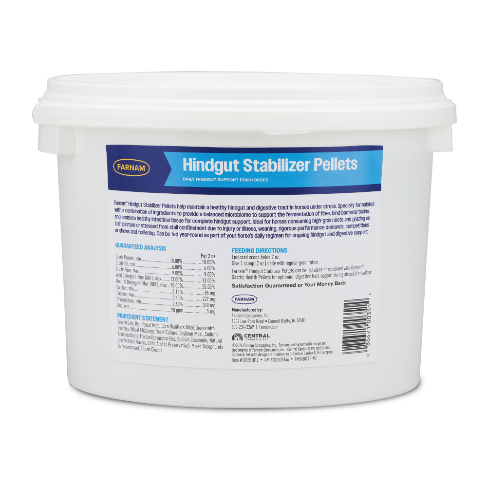 Back of packaging for Farnam hindgut stabilizer pellets showing ingredients and feeding directions