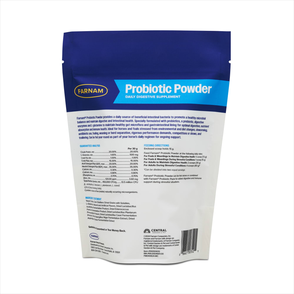 Back of packaging for Farnam probiotic powder displaying ingredients and guaranteed analysis