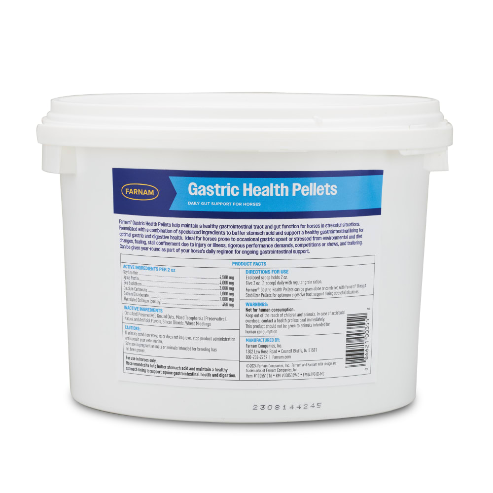 Back of packaging for Farnam gastric health pellets showing ingredients and directions for use