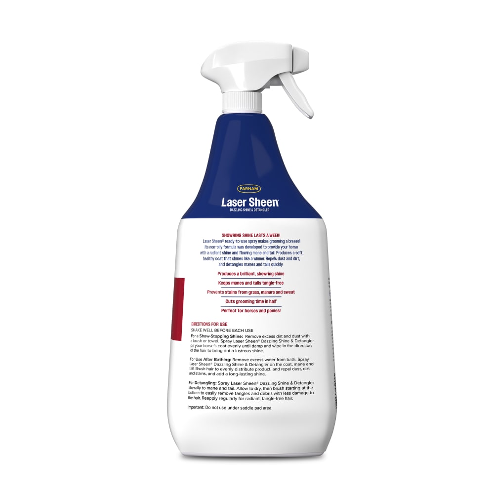 Back of retail packaging for farnam laser sheen dazzling shine and detangler for horses