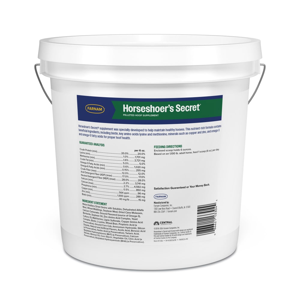 Back of retail package for farnam horseshoers secret pelleted hoof supplement