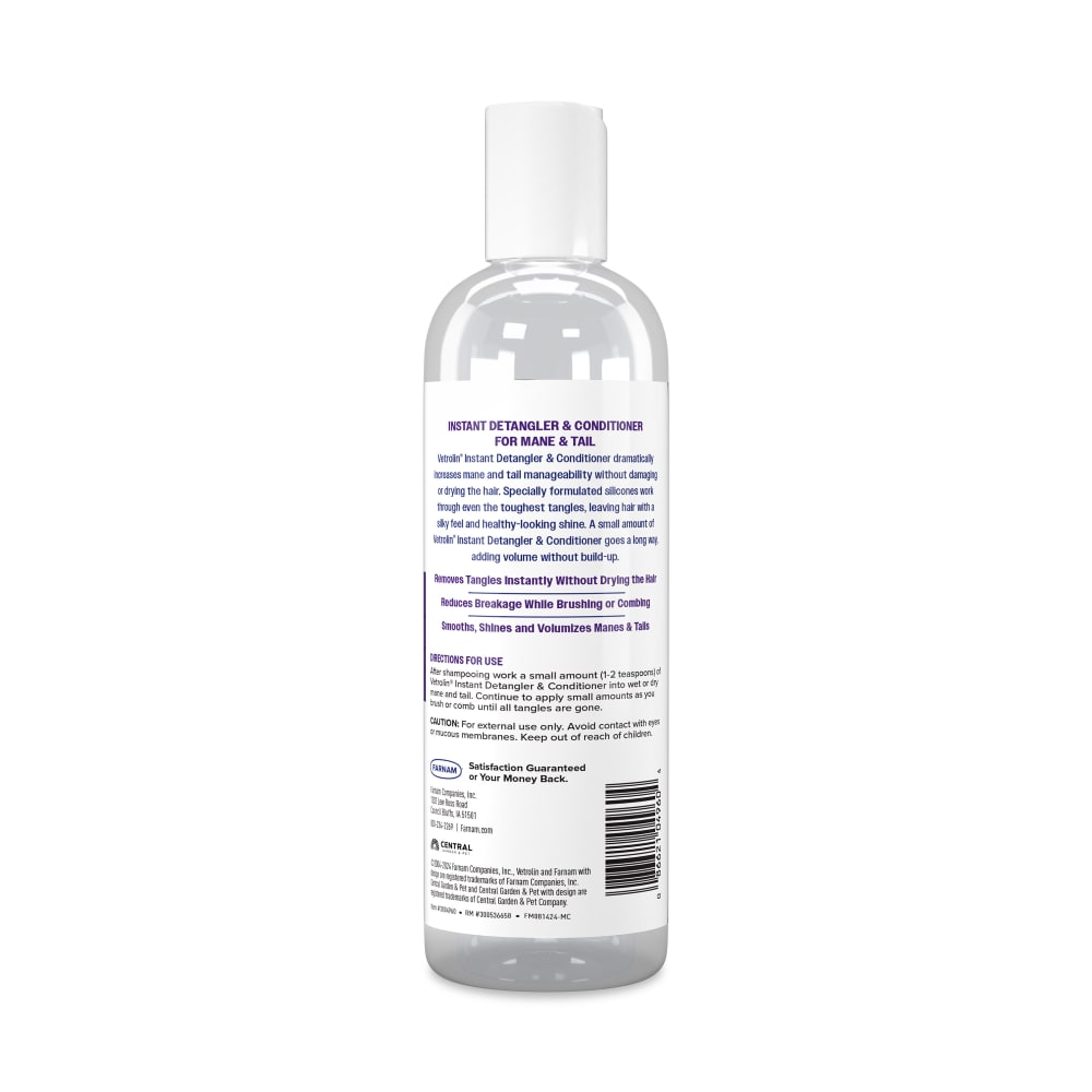 Back of retail packaging for farnam vetrolin instant detangler and conditioner