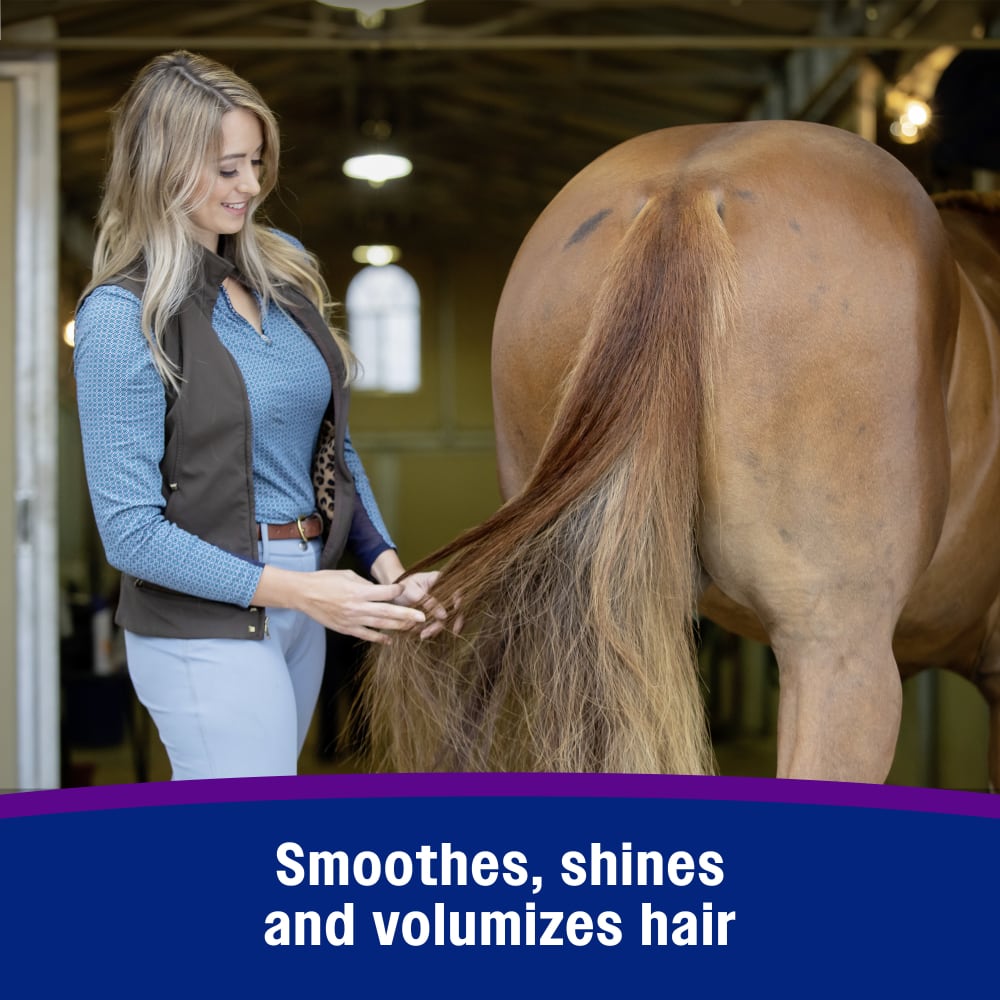 Smoothes shines and volumizes hair