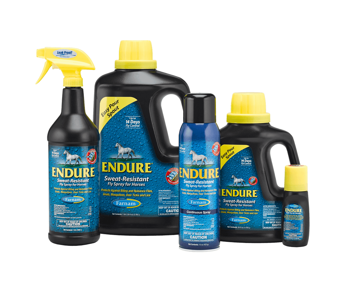 Endure Sweat Resistant Fly Spray family now available in 50 ounce and Gallon refills and continuous spray